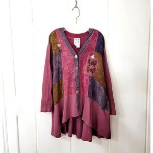 Art to Wear Beaded Butterfly Patchwork Lagen Look Button Front Top